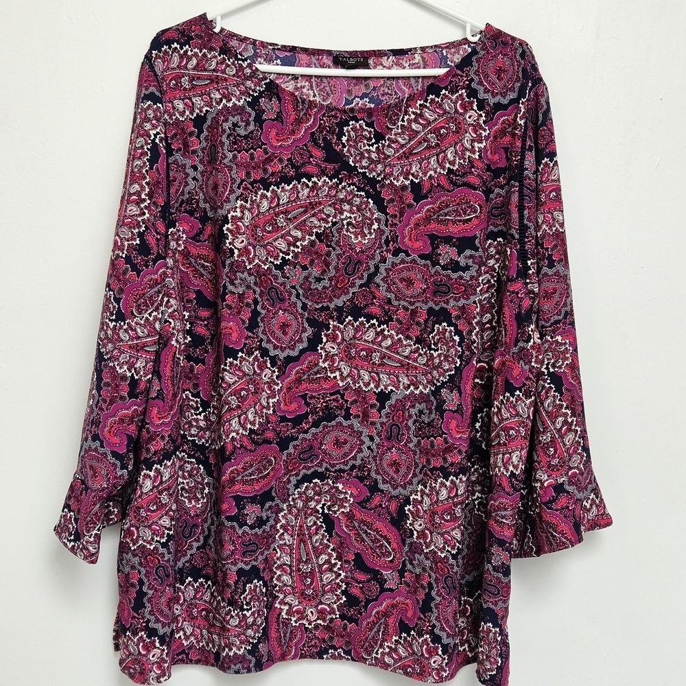 Talbots Women's Sz 3XL Paisley Whimsical Vibrant  Career Wide Sleeve Blouse